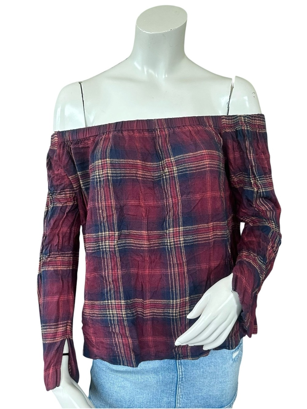 Anthropologie Cloth & Stone Maroon Winter Plaid Off Shoulder LS Top Size Medium